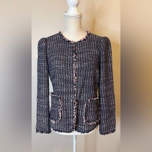 Rebecca Taylor Multi Tweed Jewel Neck Fringe Jacket Blazer Sz 6